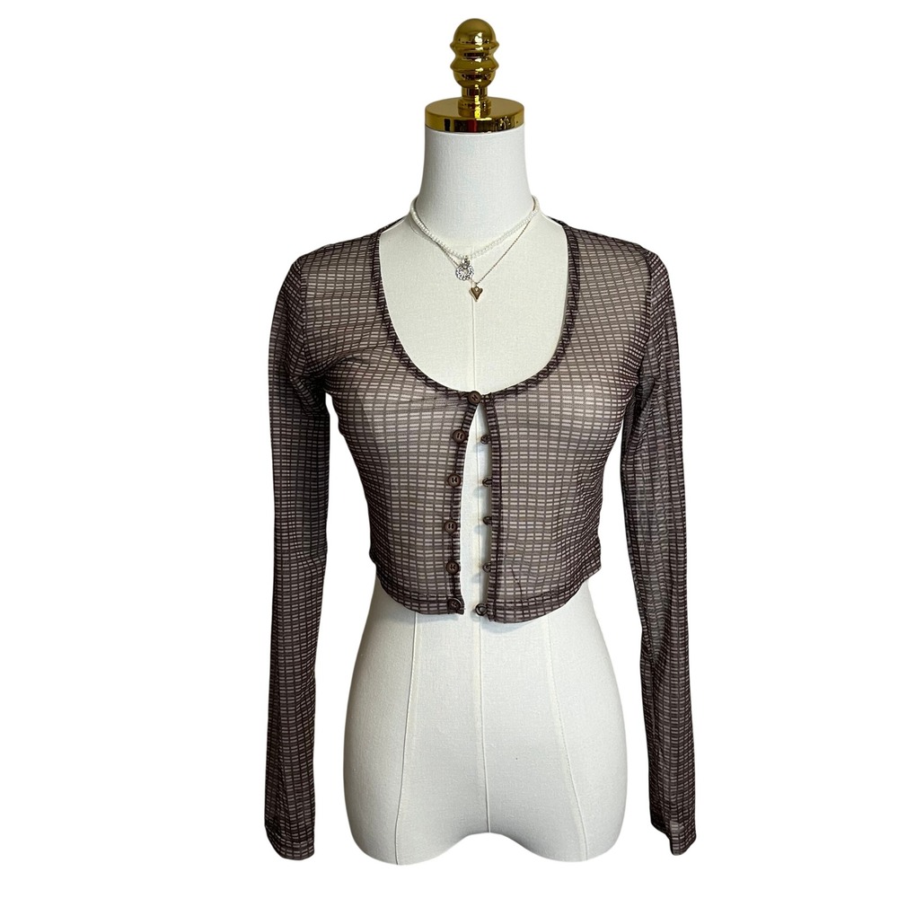 Motel Rocks Brown Grid Mesh Cropped Cardigan Long Sleeve Sheer Top Womens Medium